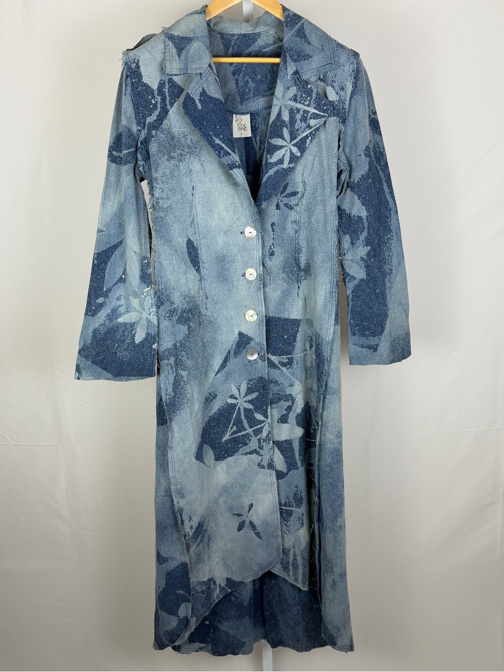 Dirty Blonde Denim Duster Coat M Blue Floral Art Print Y2K Made USA